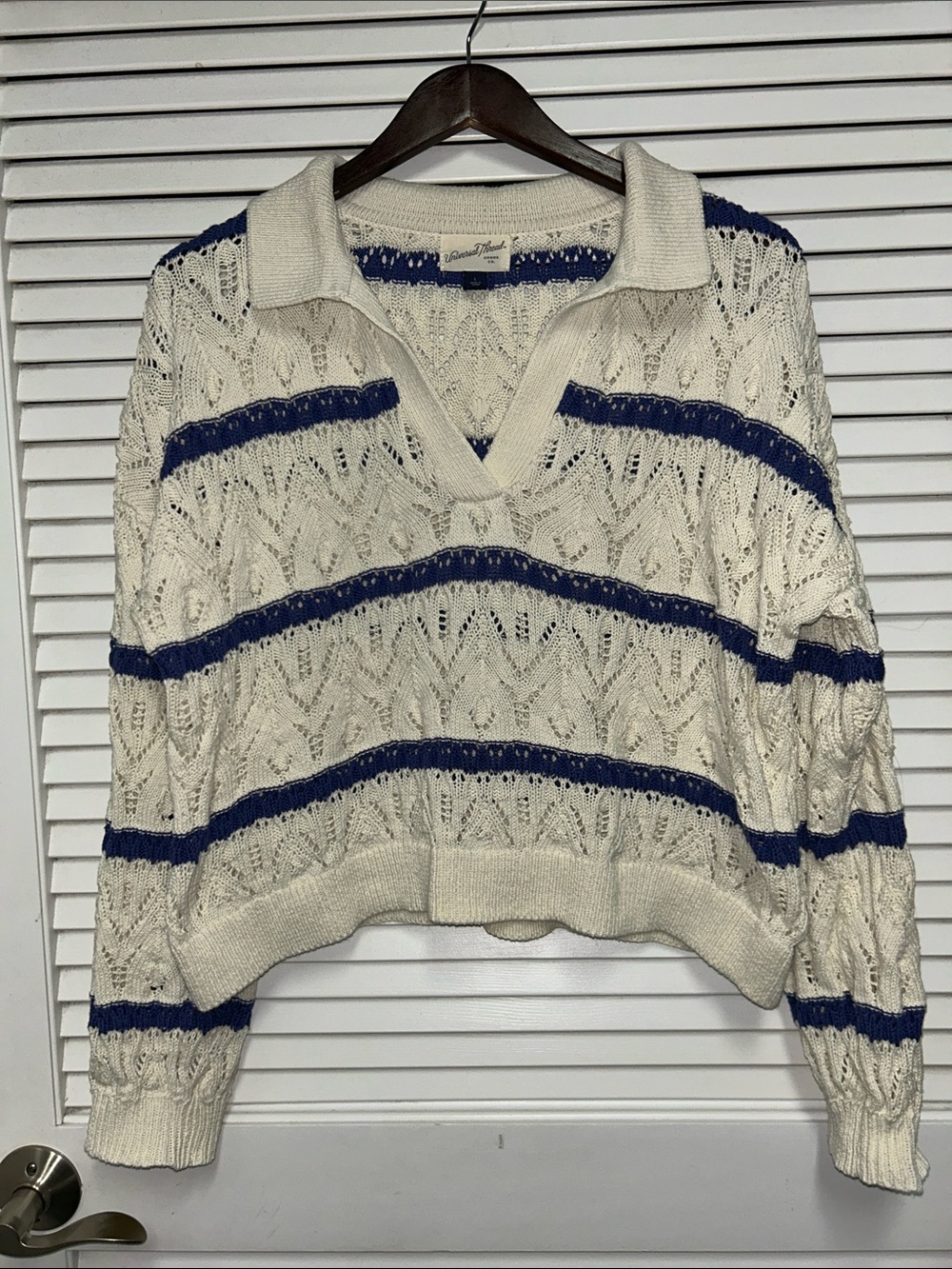 Universal Thread  Cream Loose Stitch Knit Polo Sweater with Blue Stripes